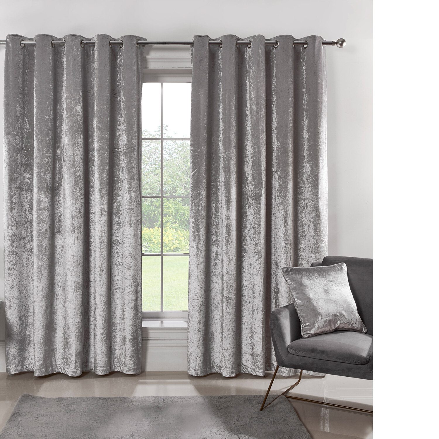 Divante Silver Crushed Velvet Eyelet Curtains 168 x 229cm Image 1