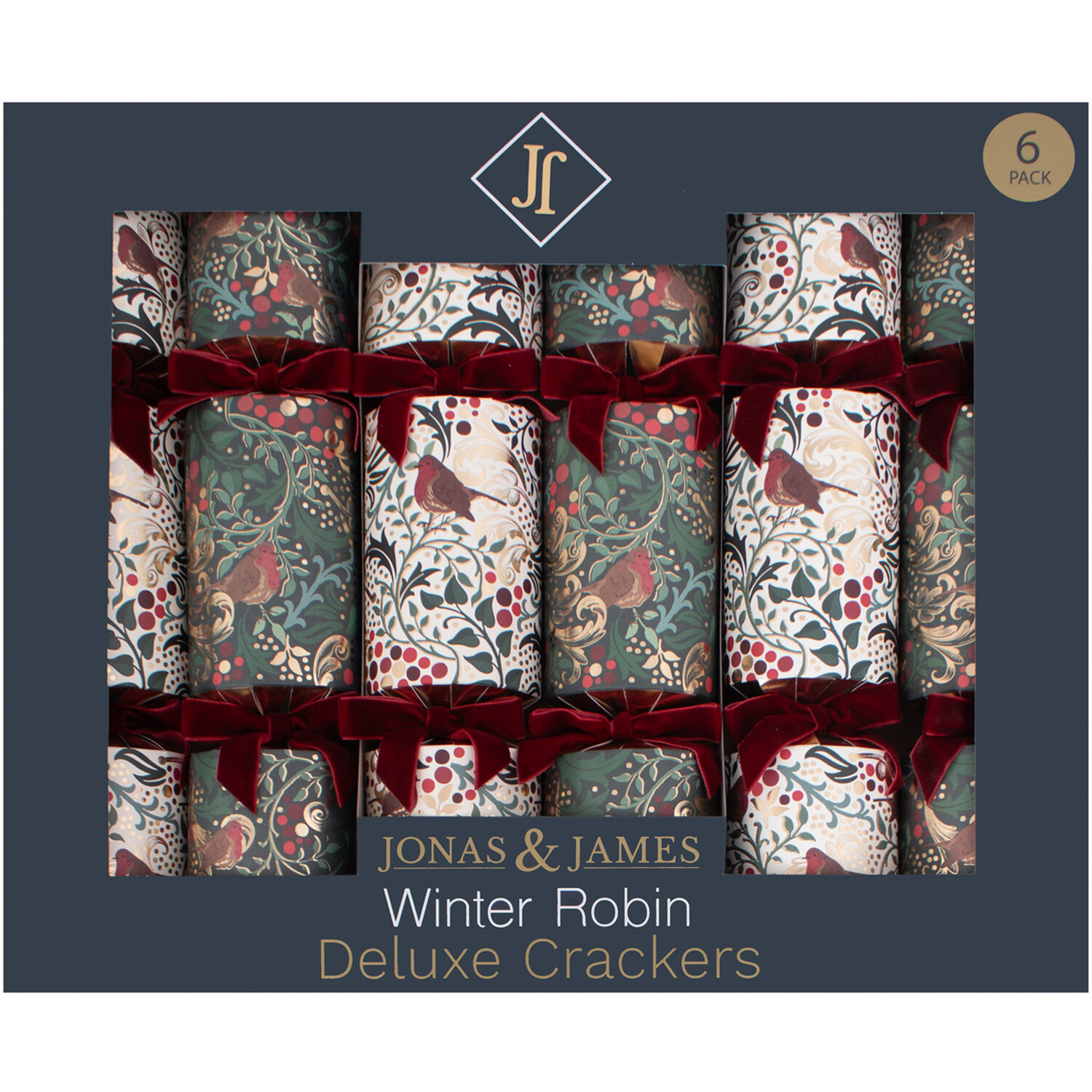 Pack of 6 Winter Robin Deluxe Crackers Green and Cream Image 1
