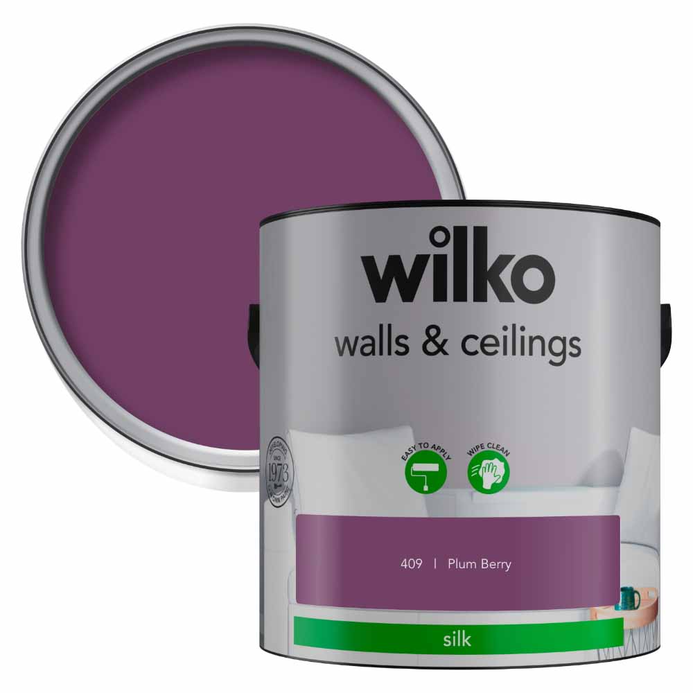 Wilko Walls & Ceilings Plum Berry Silk Emulsion Paint 2.5L Image 1