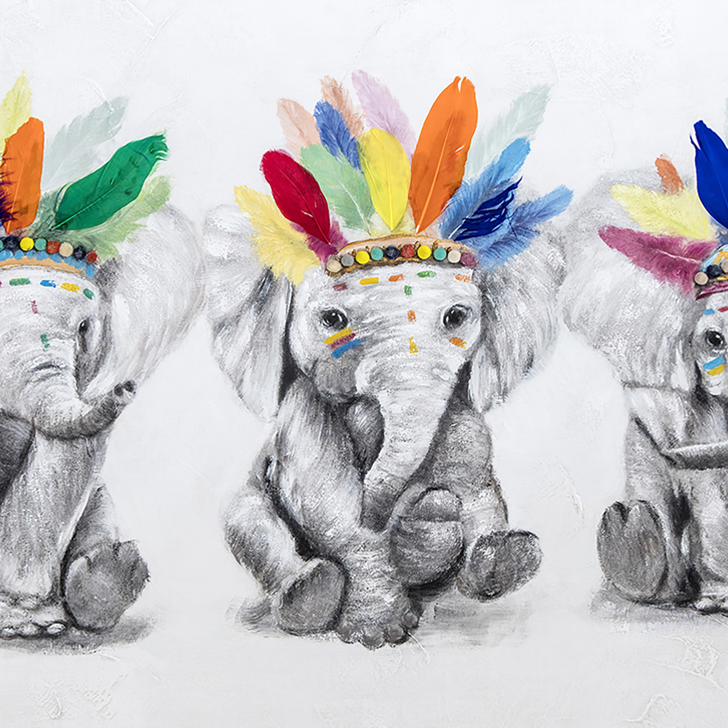 Hand Painted Elephants Pom Pom Canvas 70 x 100cm Image 2
