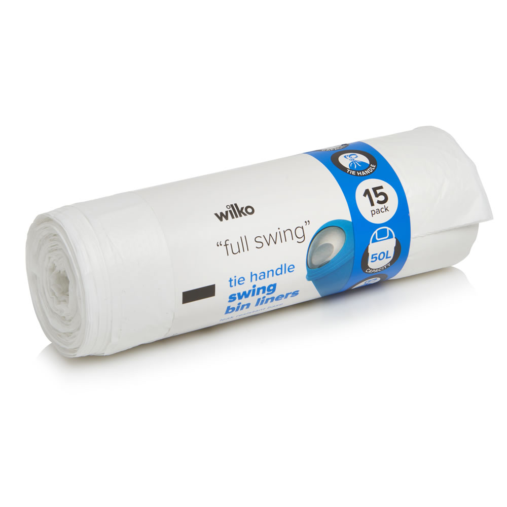 Wilko Tie Handle Swing Bin Liner White 50L 15 Pack Image