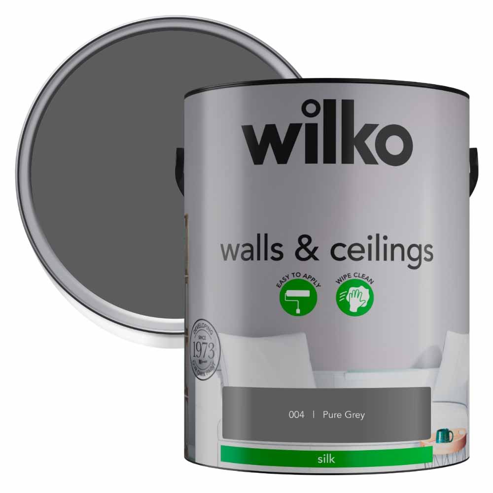Wilko Walls & Ceilings Pure Grey Silk Emulsion Paint 5L Image 1