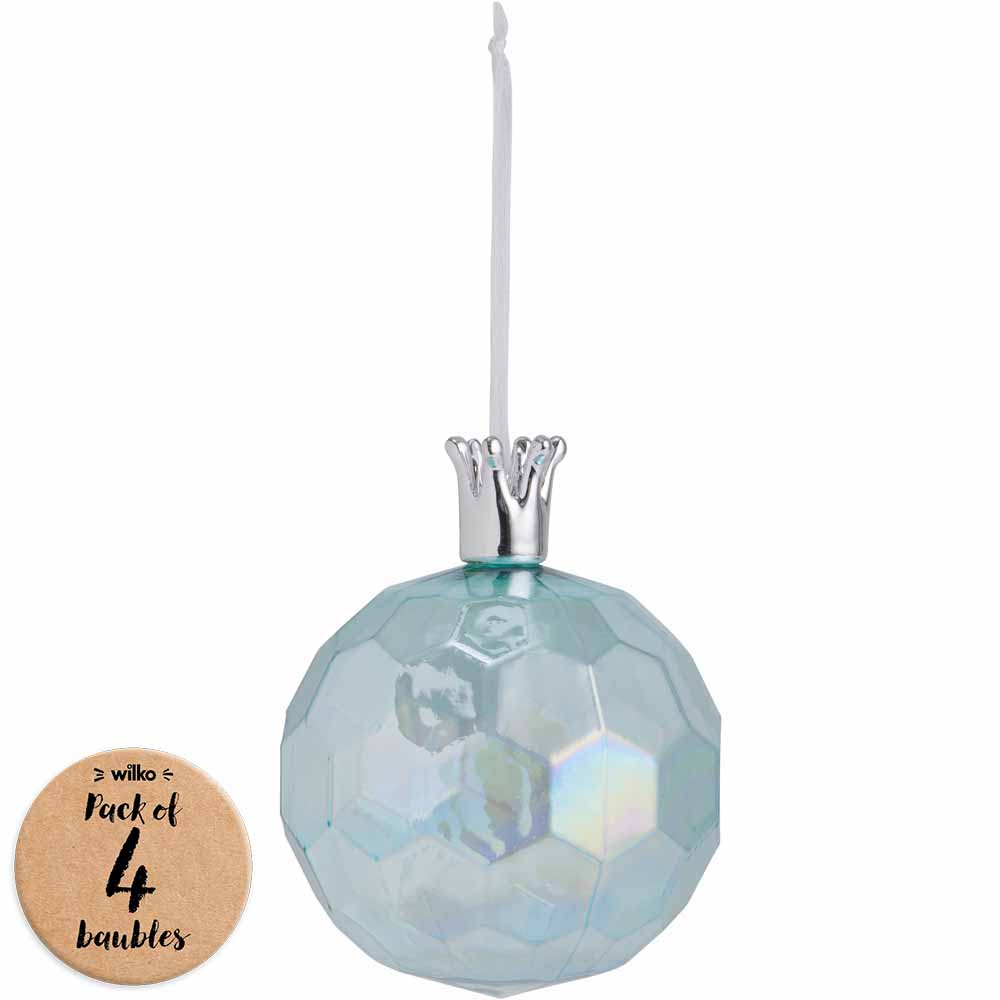 Wilko Magical Hand Blown Iridescent Blue Christmas Baubles 4 Pack Image 1
