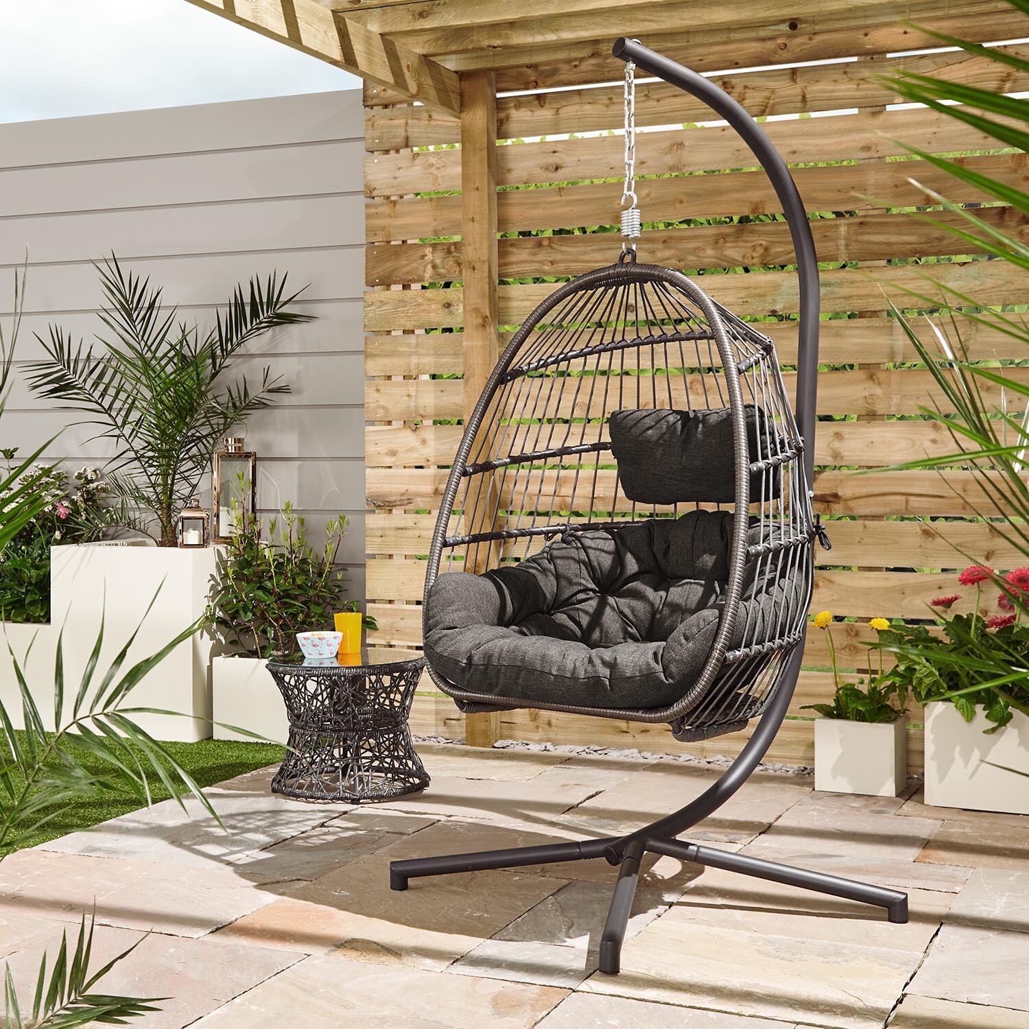 New Hampshire Dark Grey Foldable Hanging Egg Chair with Cushions Image 1