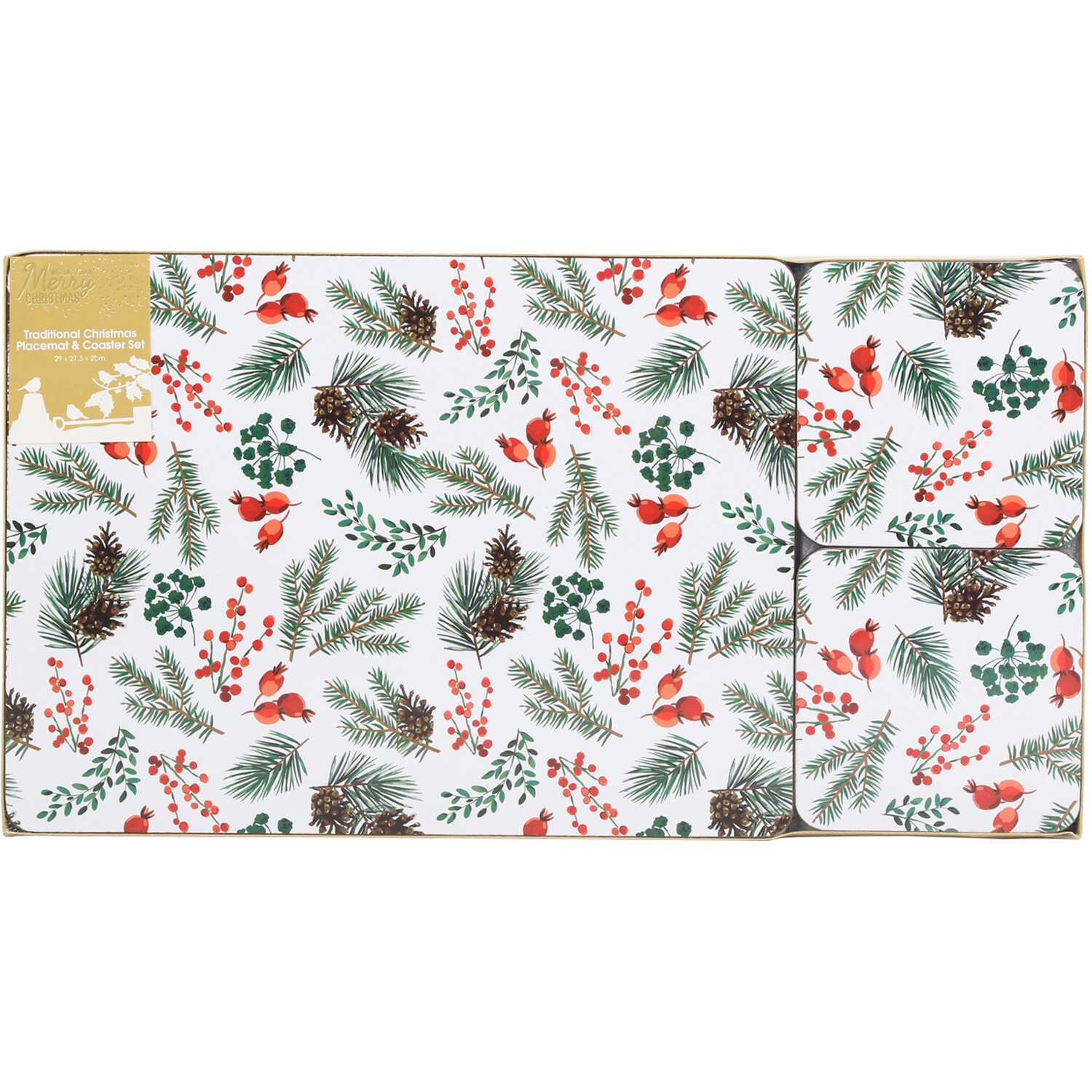 Traditional Christmas Placemat and Coaster Set - White Image