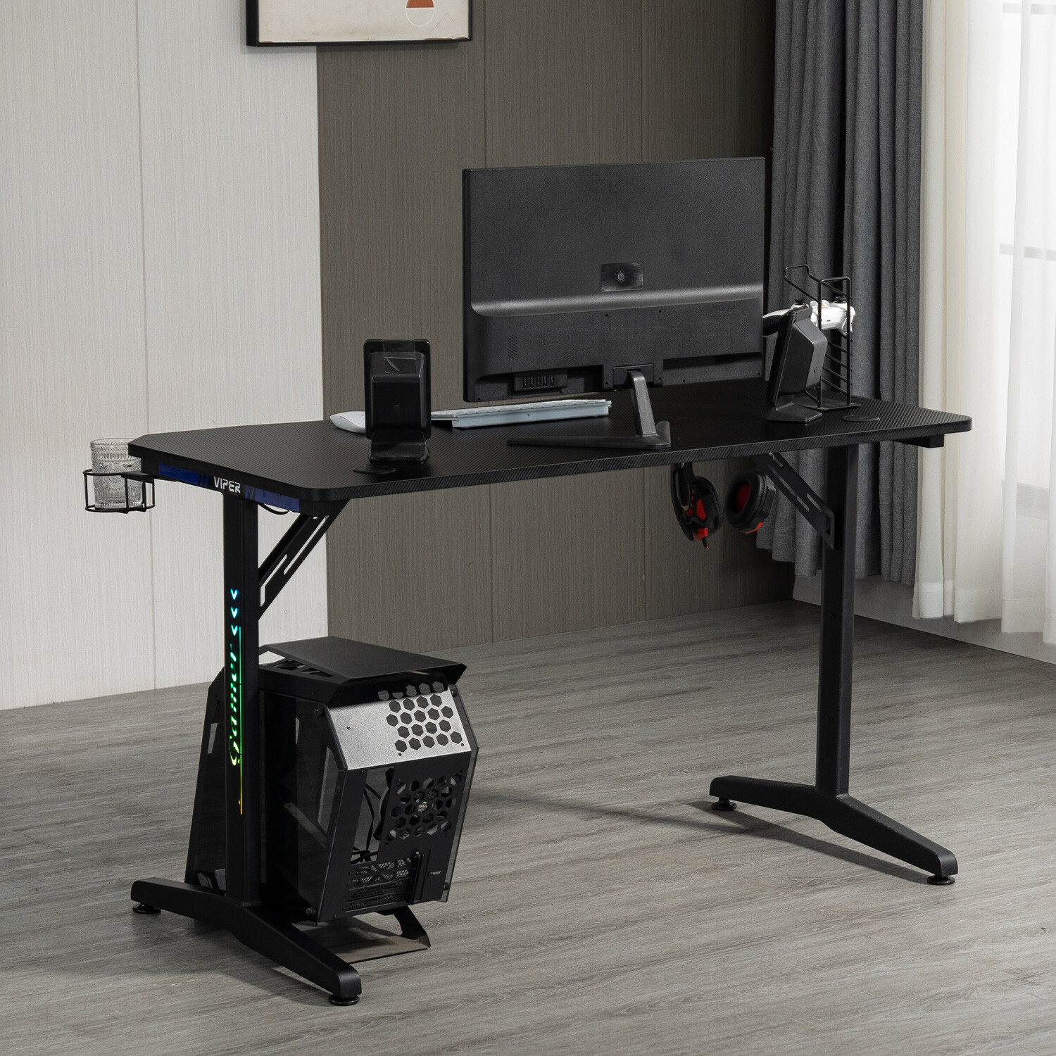 Viper LED Gaming Desk with Cup Holder Black Image 5