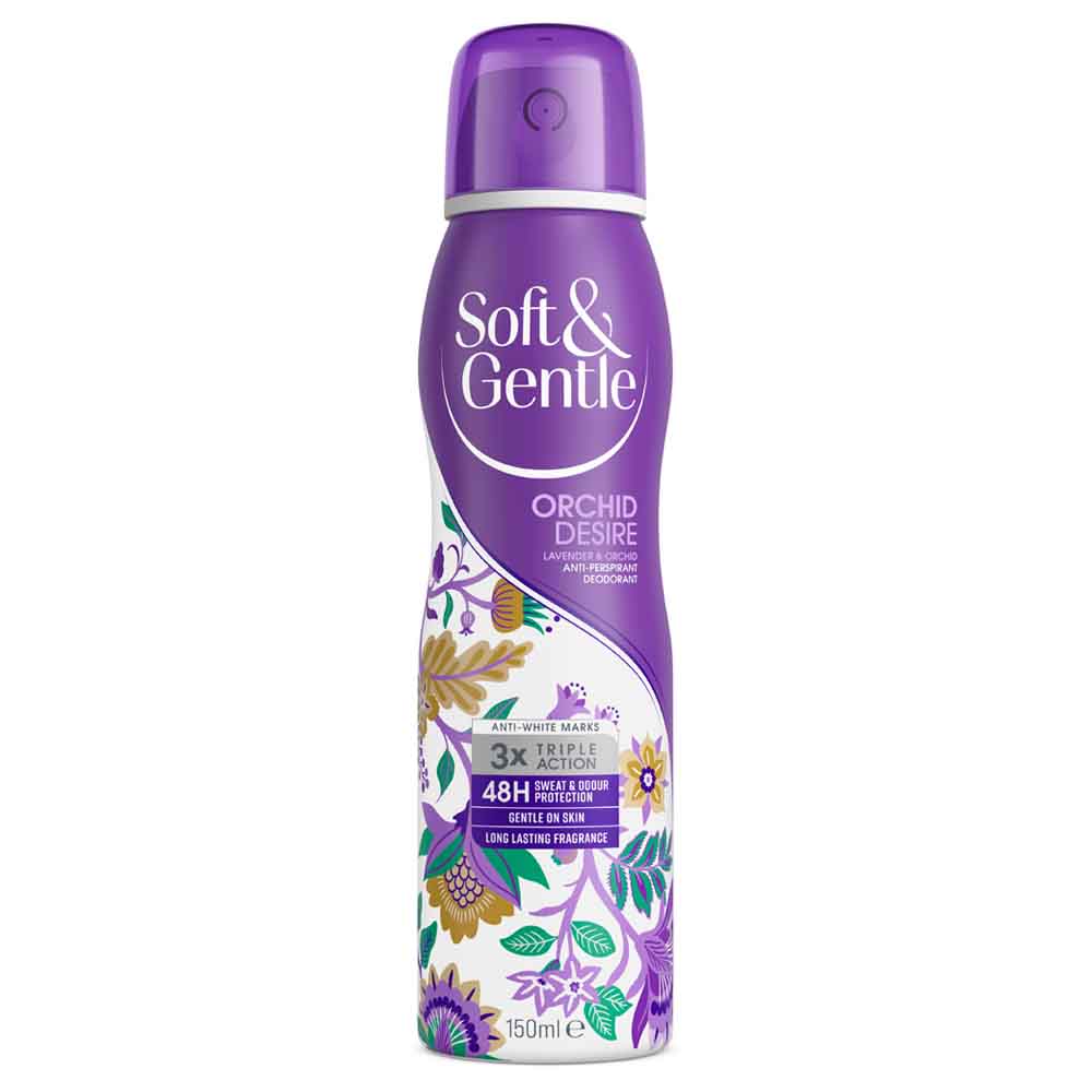 Soft & Gentle Orchid Desire Anti-Perspirant Spray 150ml  - wilko Soft and Gentle Orchid Desire antiperspirant spray provides you with 3x Triple Action benefit, delivering a superior sensorial experience that provides 48h protection, is gentle on the skin and has a long-lasting fragrance. Soft and Gentle Orchid Desire infused with the scent of lavender and orchid is an exquisite, elegant and luxurious fragrance thanks to its beautiful and addictive oriental signature. The fragrance comprises sophisticated floral notes of lavender, unveiled by a tender background of vanilla, orchid and sandalwood. Size: 150ml.