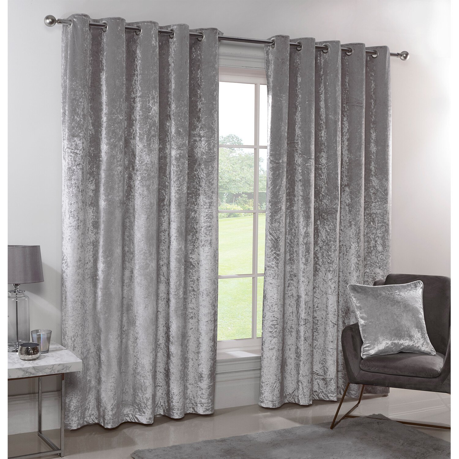 Divante Silver Crushed Velvet Eyelet Curtains 229 x 183cm Image 2