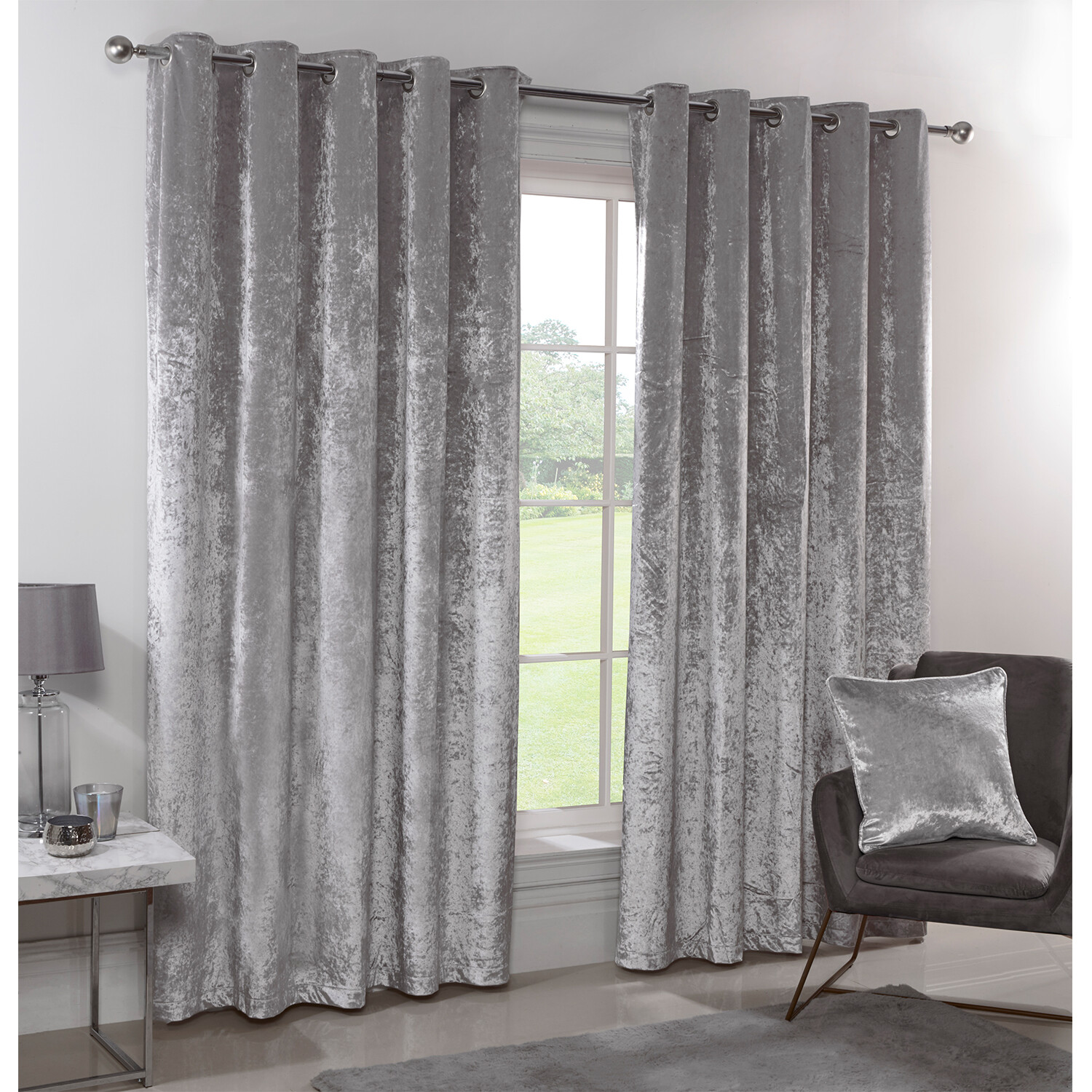 Divante Silver Crushed Velvet Eyelet Curtains 168 x 229cm Image 2