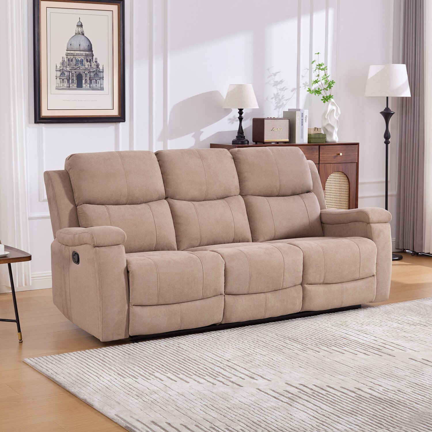 Ledbury 3 Seater Beige Fabric Manual Recliner Sofa Image 1