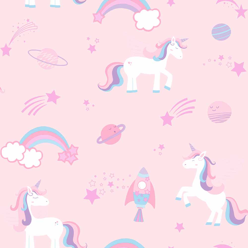 Unicorns, Rockets & Rainbows Pink Wallpaper Image 1