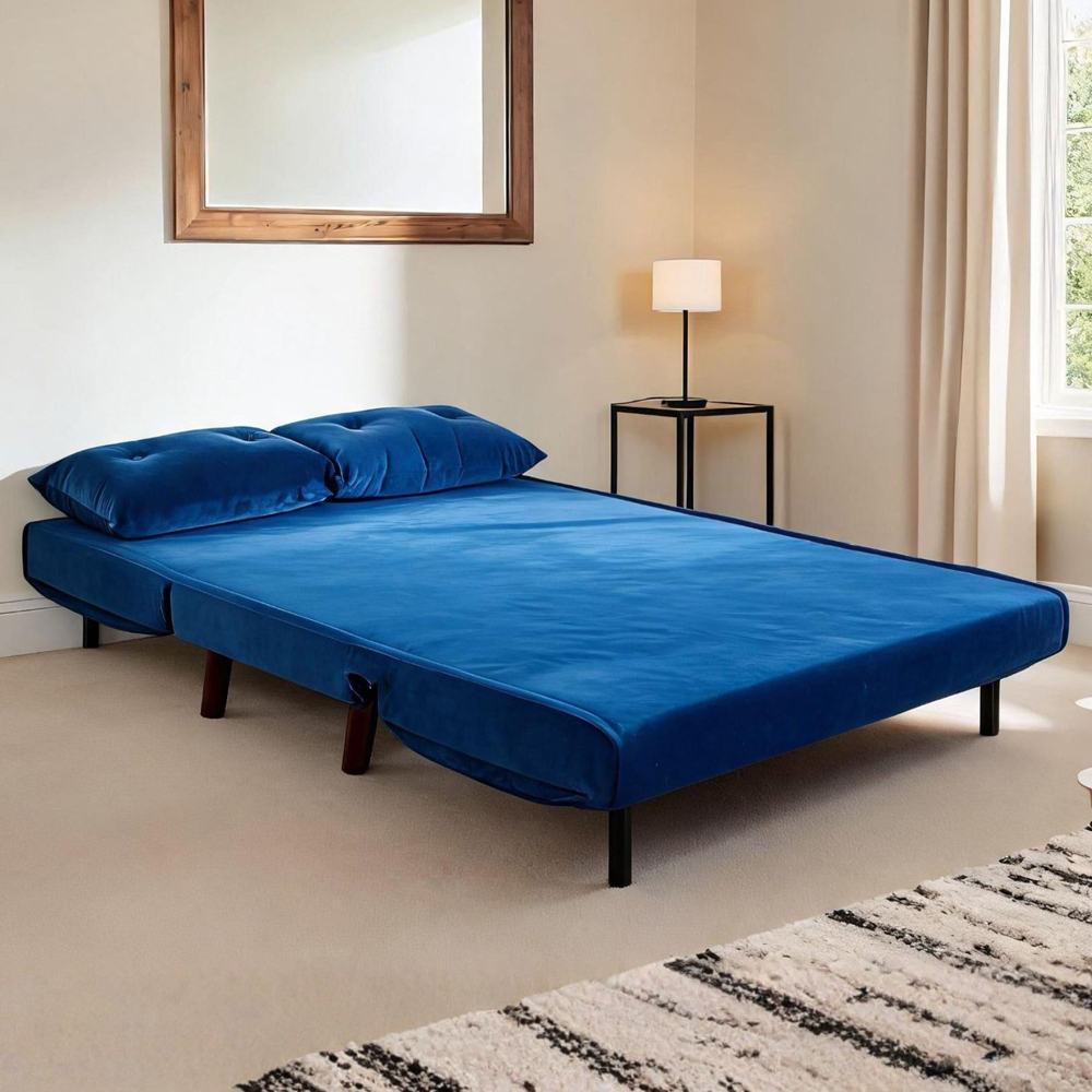 Home Source Morella 2 Seater Blue Velvet Folding Sofa Bed with Pillow Image 3