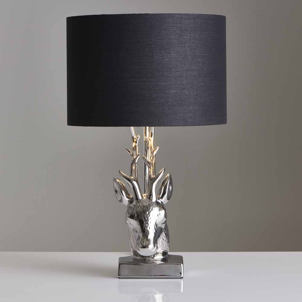 Wilko Silver and Black Stag Head Table Lamp Image 2