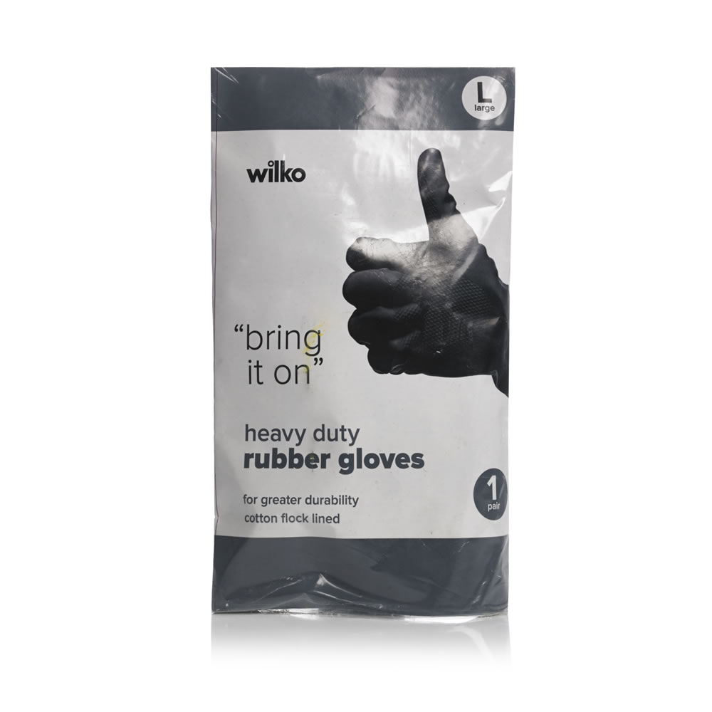 Wilko Large Heavy Duty Rubber Gloves Pull on a pair of our heavy duty rubber gloves to protect your hands from the damaging effects of tough jobs around the home and garden. Keep a strong grip thanks to their textured non-slip patterning. Cotton flocked lined for a perfectly comfortable fit. Made from natural latex rubber. May produce an allergic reaction. Keep out of reach of children. Always read label. Size: Large. Wilko Large Heavy Duty Rubber Gloves