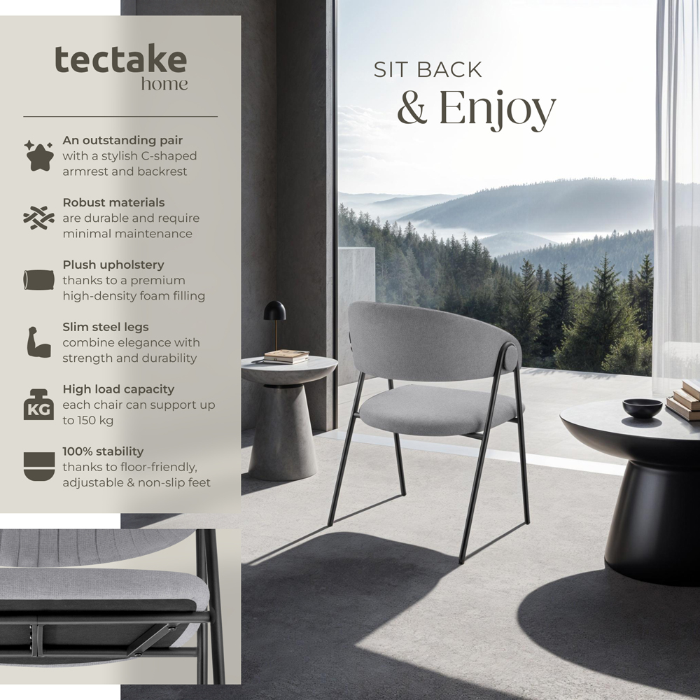 tectake Bedano Set of 2 Grey Woven Fabric Dining Chairs Image 8