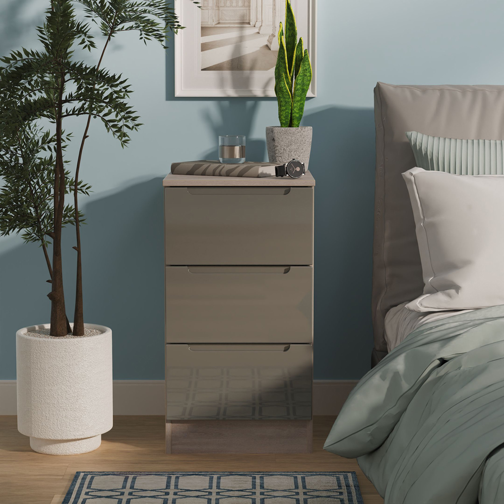 Crowndale Milan 3 Drawer Grey Gloss and Grey Oak Bedside Cabinet Ready Assembled Image 7