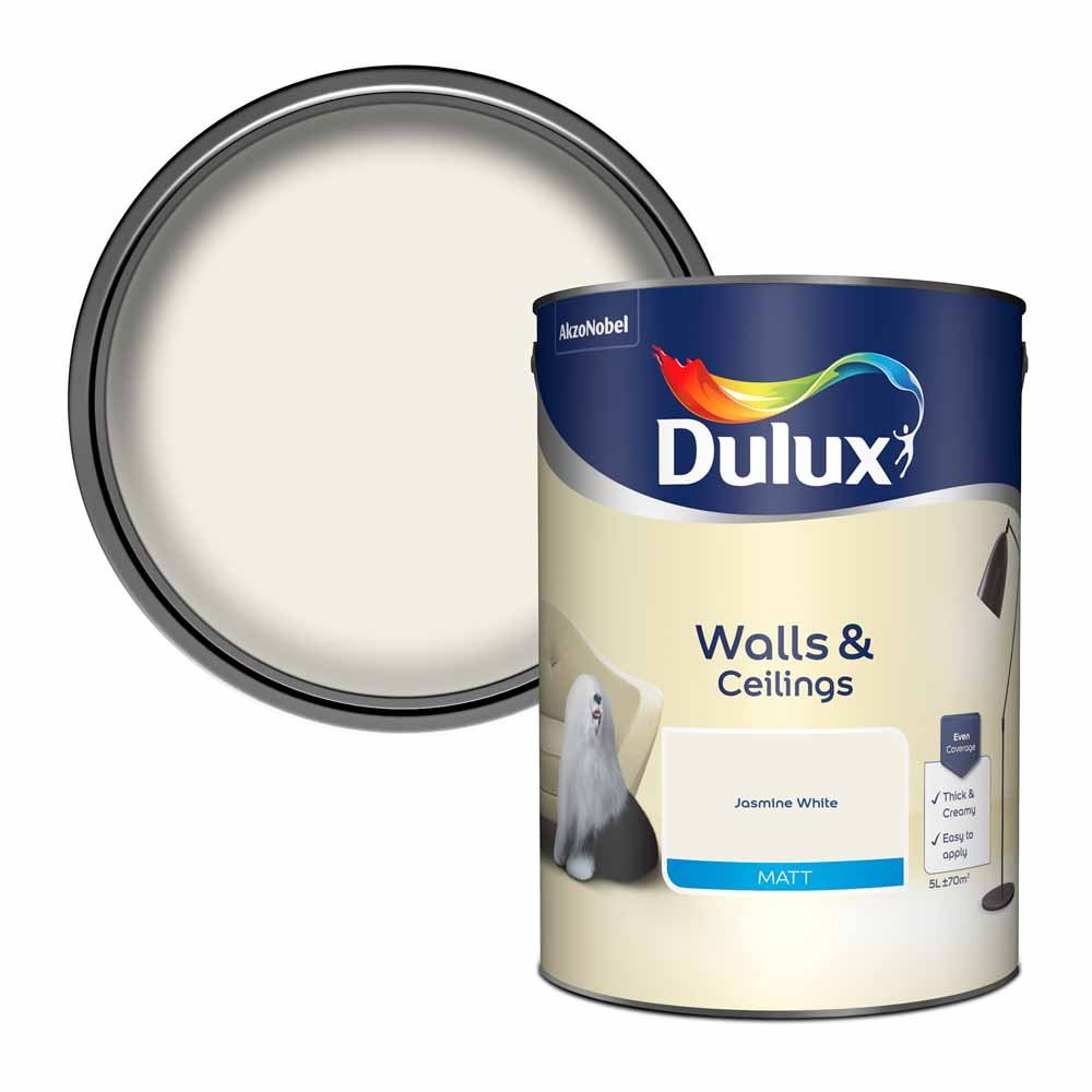 Dulux Walls & Ceilings Jasmine White Matt Emulsion Paint 5L Image 1