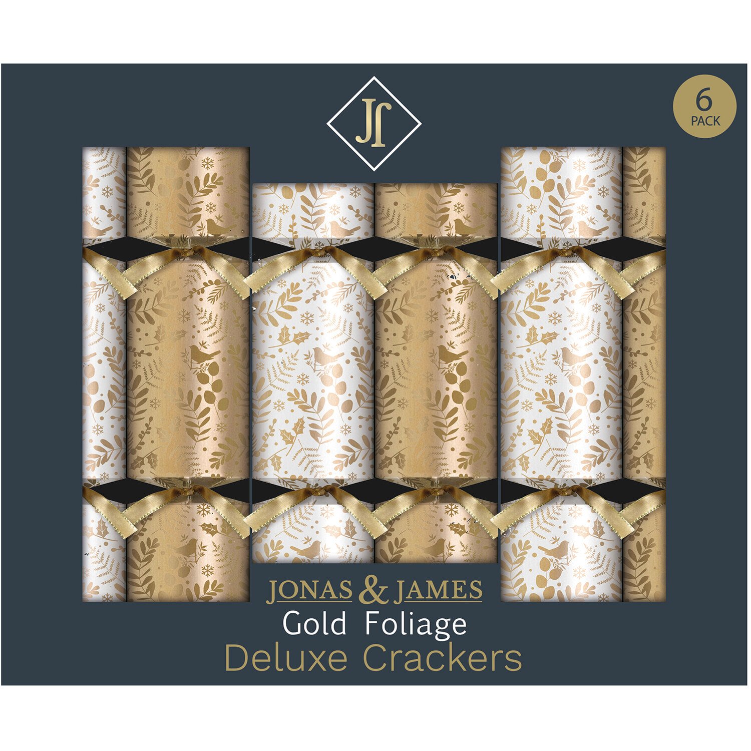 Jonas & James Pack of 6 Deluxe Crackers Gold Foliage - Gold Image