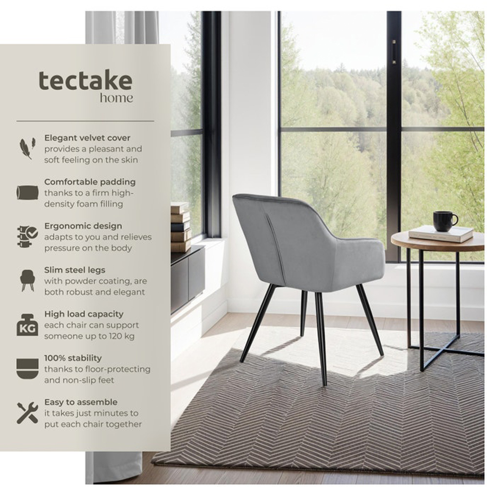 tectake Marilyn Set of 6 Grey and Black Velvet Padded Dining Chair Image 8