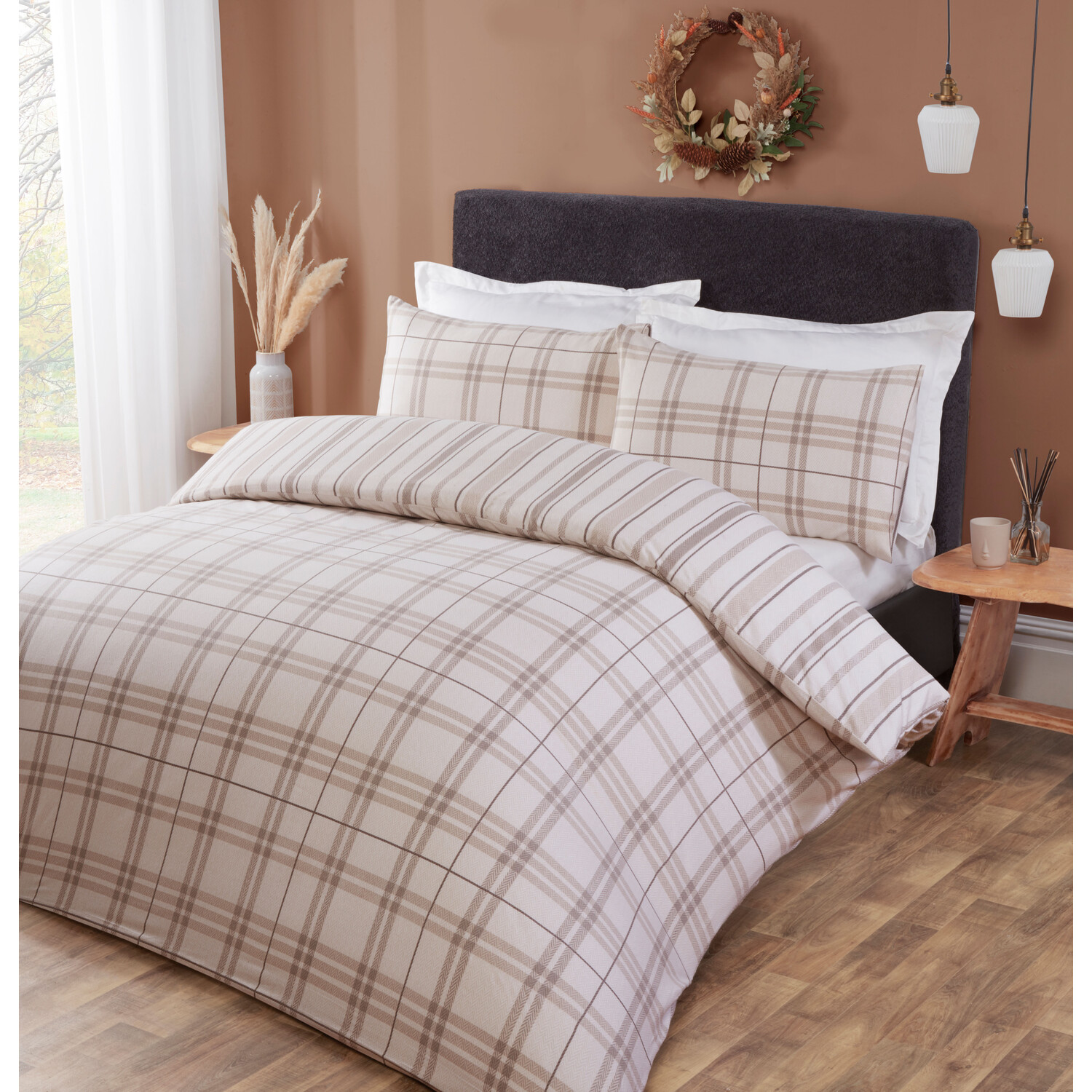 Fall Autumn Single Brown Check Duvet Cover and Pillowcase Set Image 2