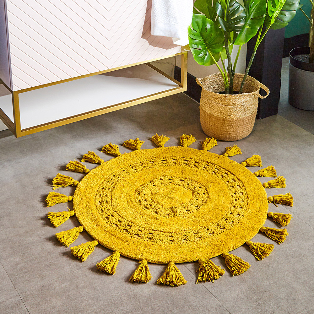 furn. Circle Tassel Cotton Anti-Slip Ochre Bath Mat Image 2