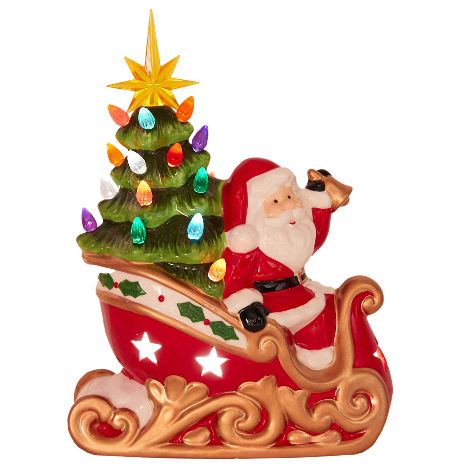 Xmas Ceramic Santa with LED Tree On Sled - Multicolour Image 1
