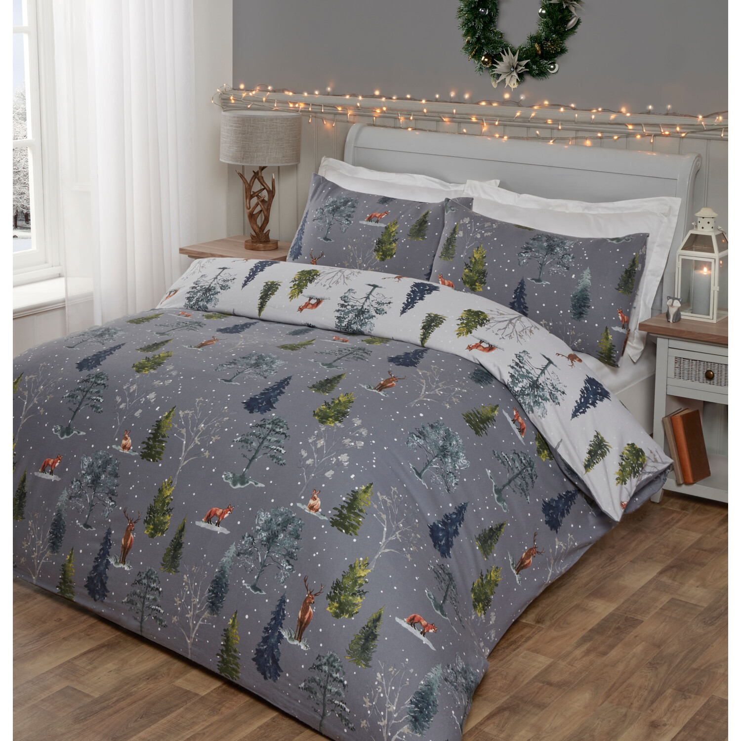 Snowy Forest Duvet Cover and Pillowcase Set - Grey / Double Image 3