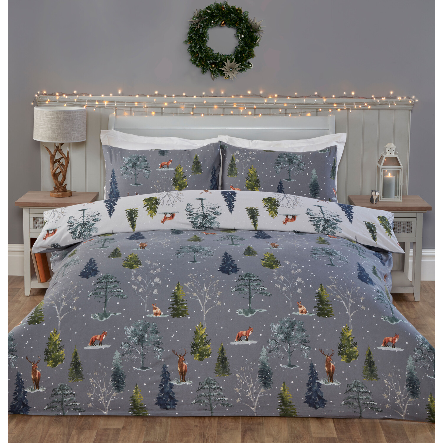 Snowy Forest Duvet Cover and Pillowcase Set - Grey / Double Image 1