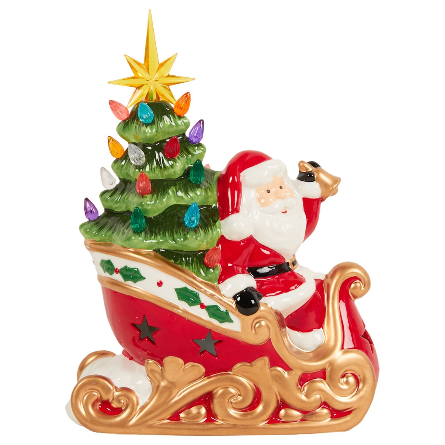 Xmas Ceramic Santa with LED Tree On Sled - Multicolour Image 3
