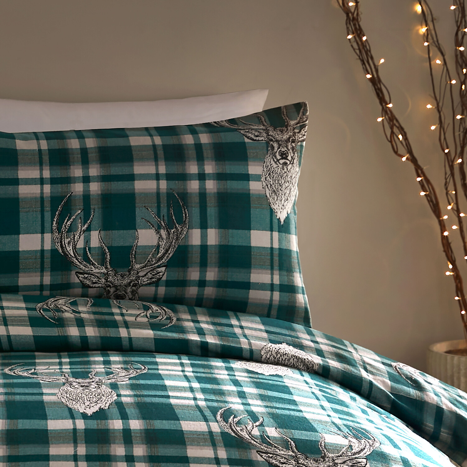 Divante King Green Moorland Stag Check Duvet Cover and Pillowcase Set Image 4