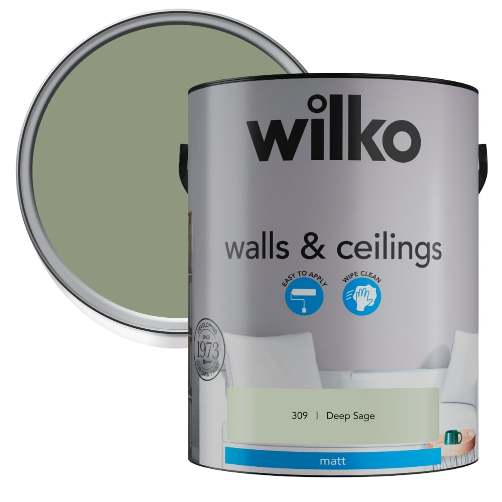 Wilko Walls & Ceilings Deep Sage Matt Emulsion Paint 5L Image 1