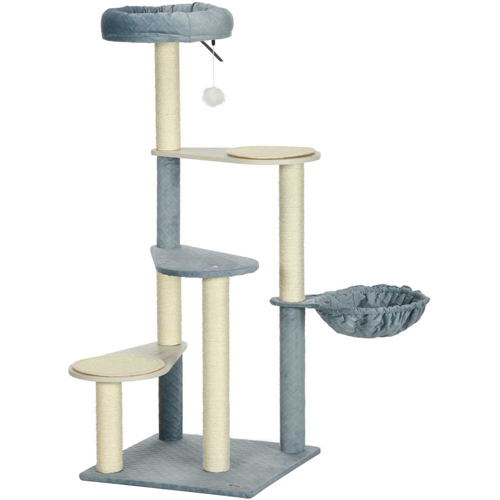 PawHut Blue Wooden Cat Tree Climbing Tower with Scratching Post Image 7