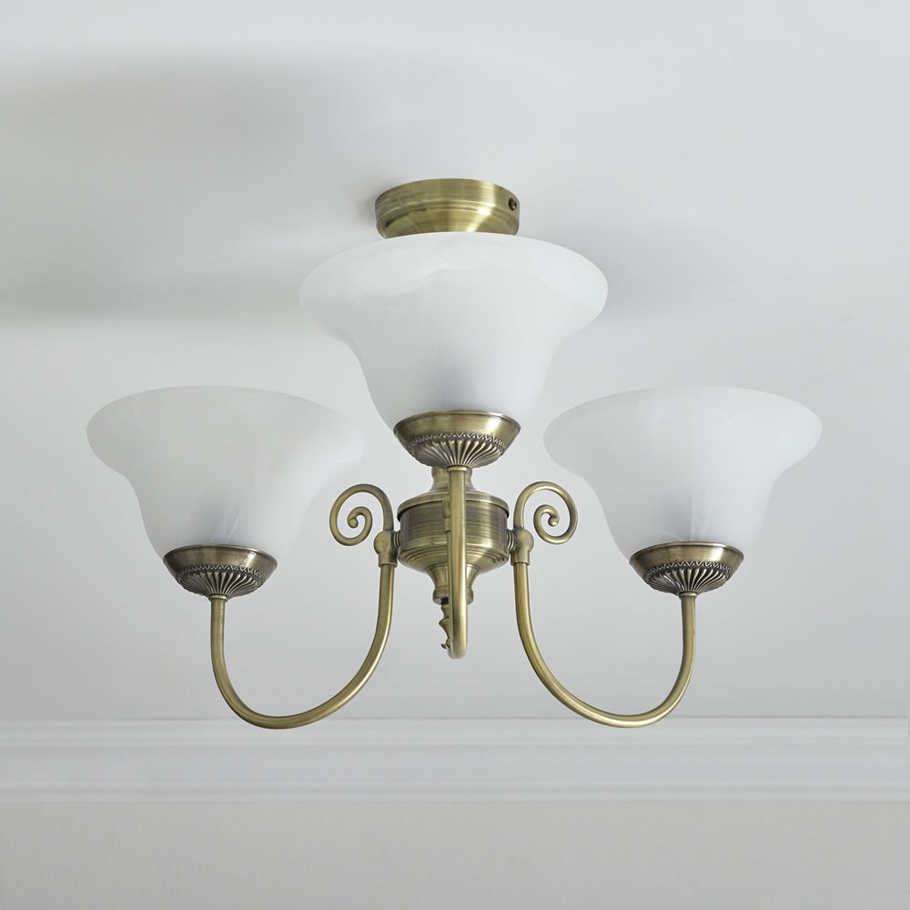 Wilko York 3 Arm Antique Brass Effect Ceiling Light with Frosted Glass Shades Image 2