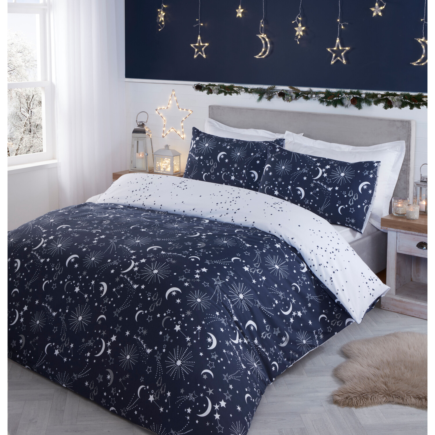 Christmas Night Sky Duvet Cover and Pillowcase Set - Navy / Double Image 3