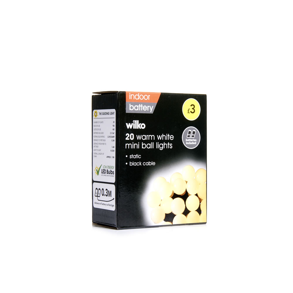 Wilko 20 Warm White Battery-Operated Mini Ball    Christmas Lights with Black Cable Image 2