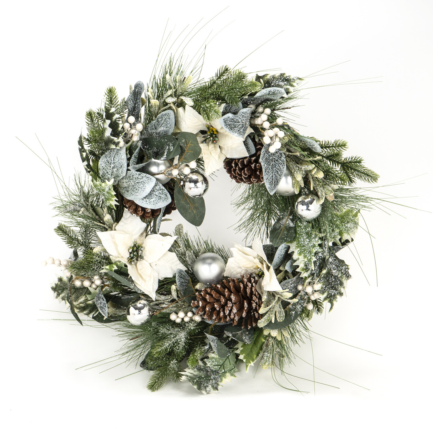 White Poinsettia Pinecone Bauble Wreath Image