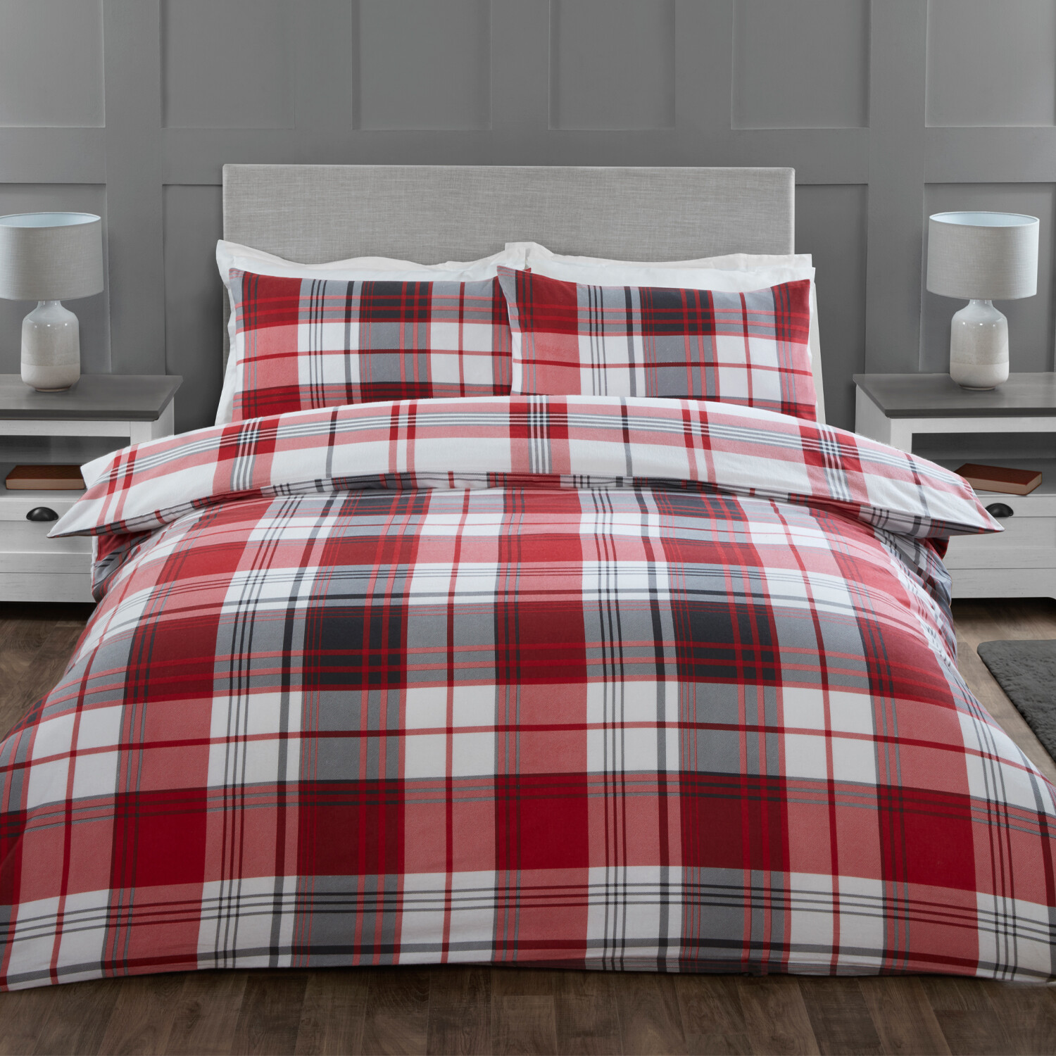 Hamilton Grey Check Duvet Cover and Pillowcase Set - Red / Super King size Image 1