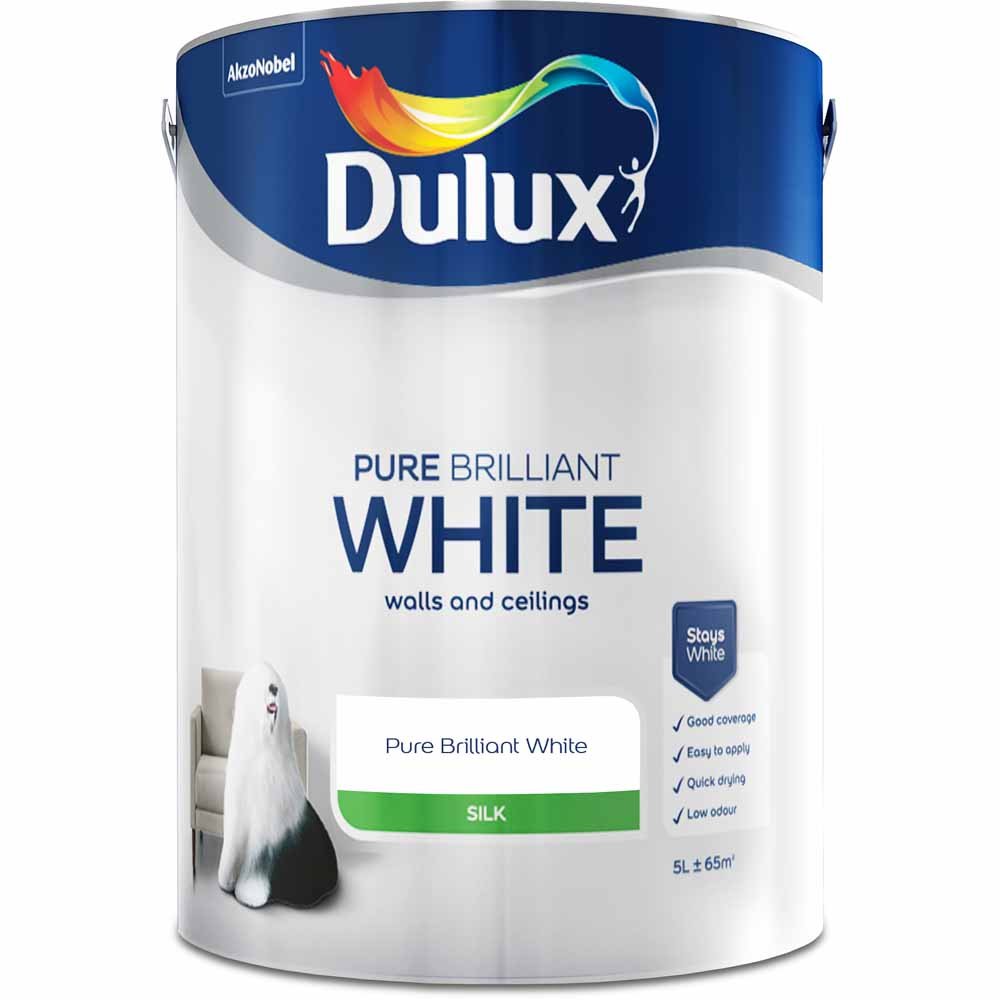 Dulux Walls & Ceilings Pure Brilliant White Silk Emulsion Paint 5L Image 2
