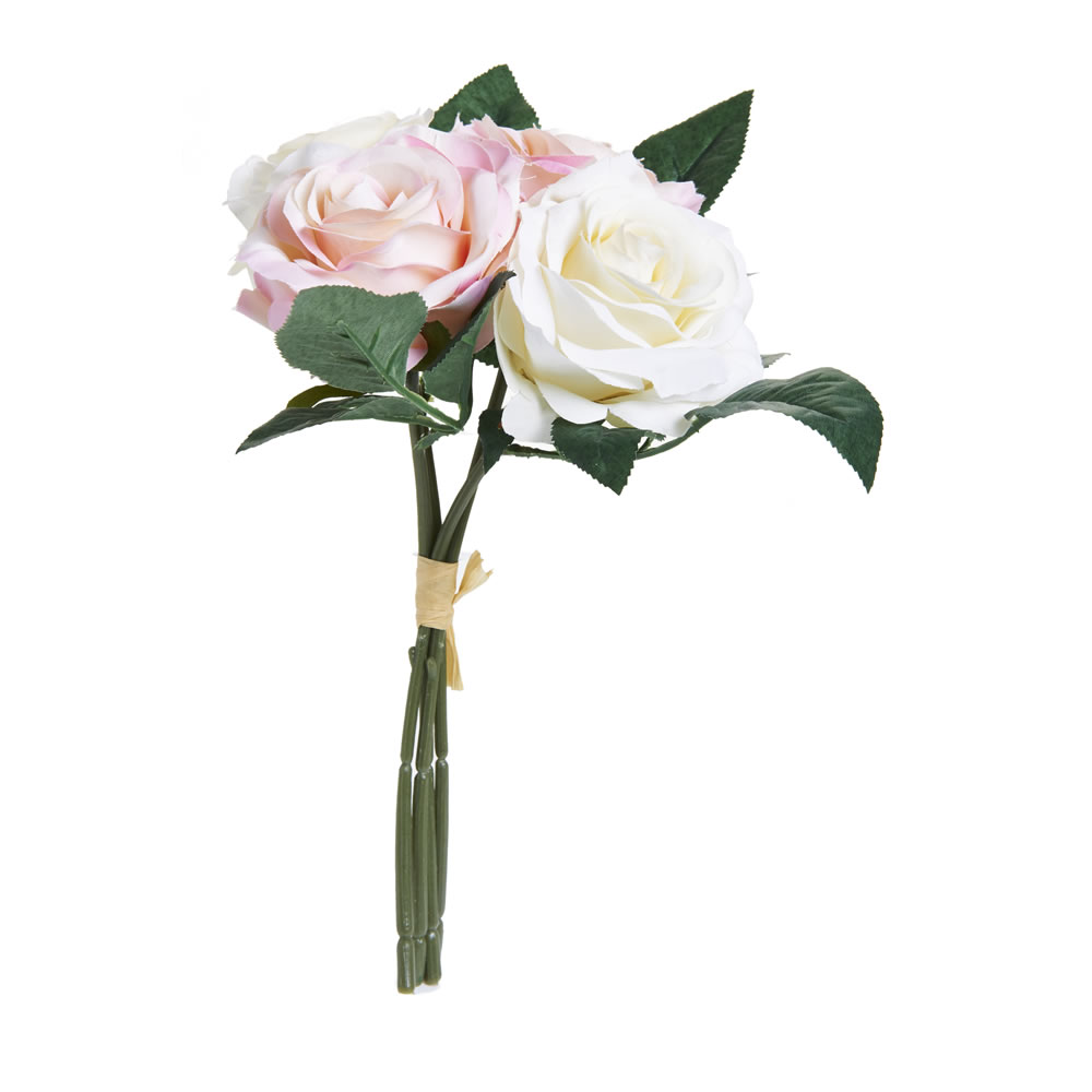 Wilko Cream and Pink Rose Bunch of Artificial Flowers Wire, Plastic, Micropeach, Pongee Fabric