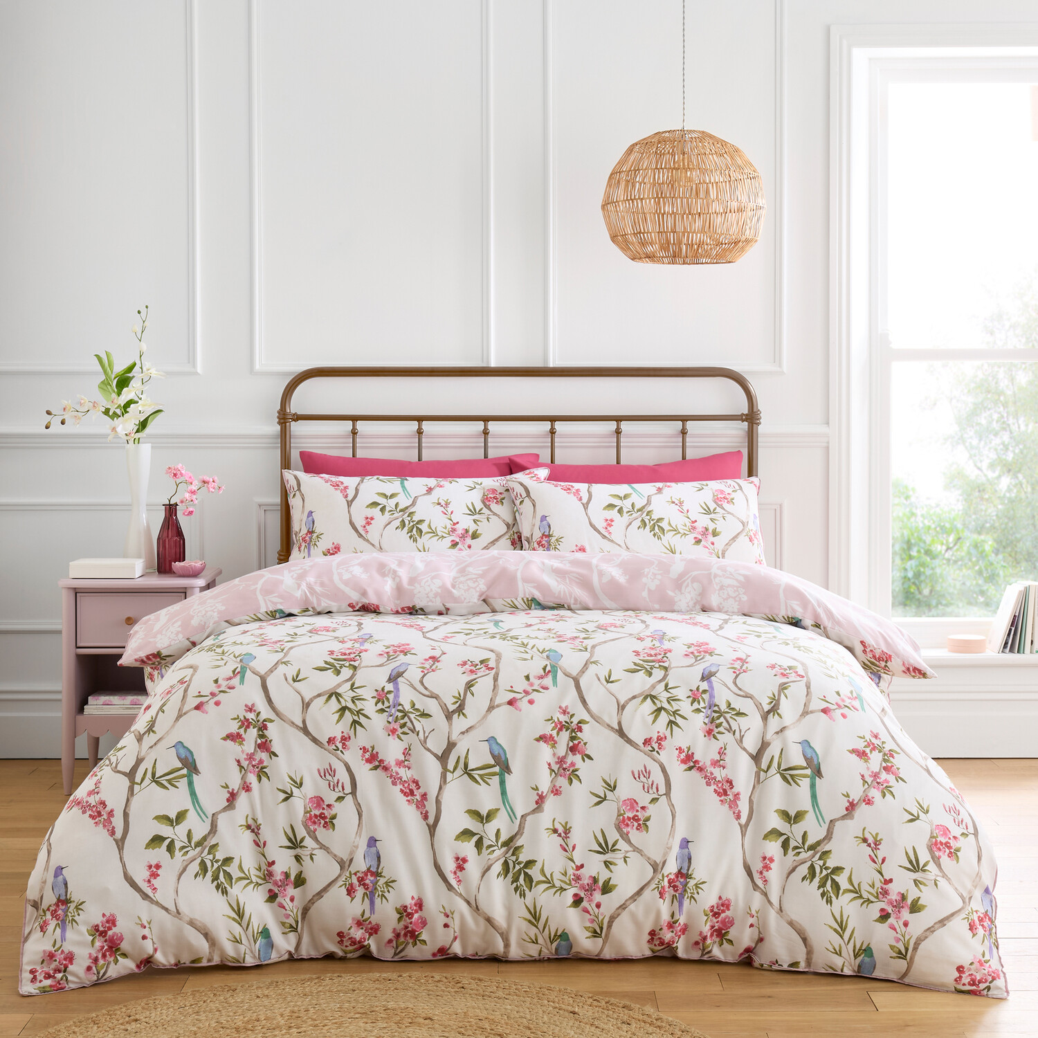 Cherry Blossom Birds Duvet Set Pink Double Image 1