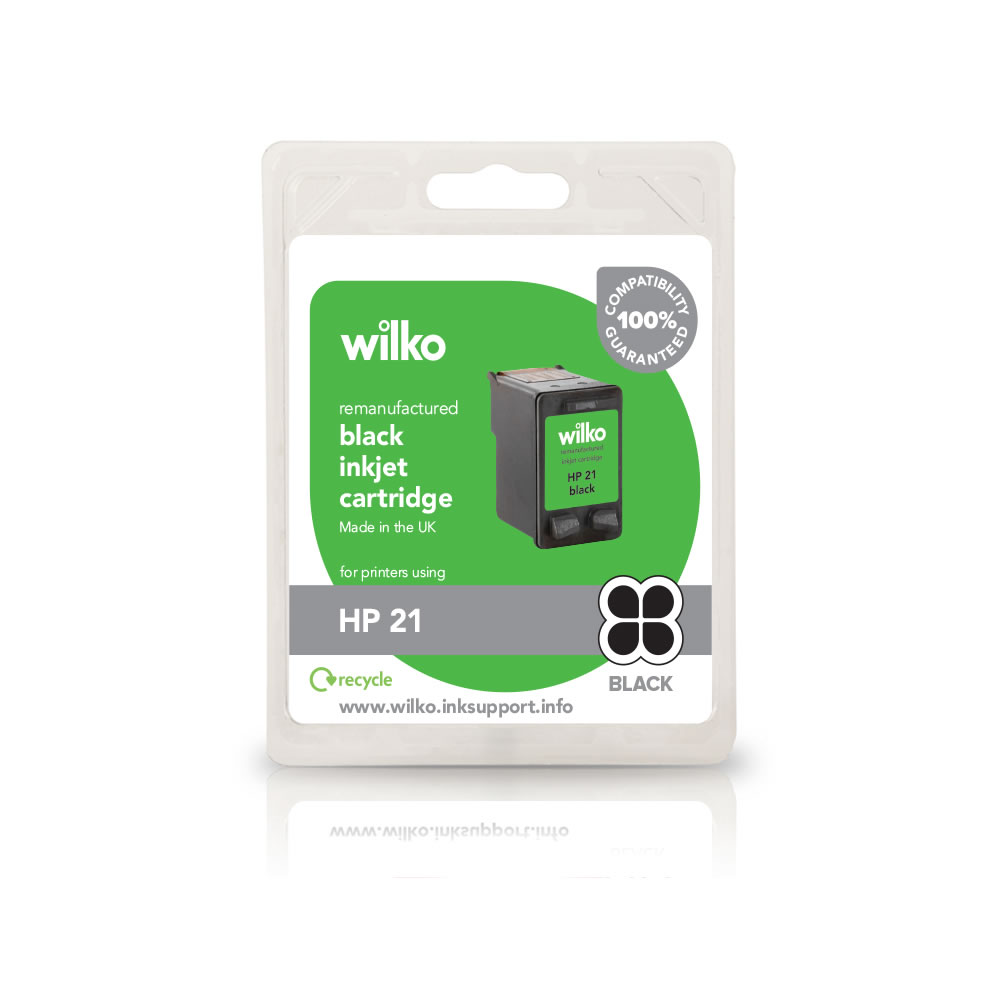 Wilko Remanufactured HP 21 Black Inkjet Cartridge Black remanufactured inkjet cartridge - for sharp blacks, giving you the perfect print every single time!   Here's the full list of printers that this cartridge will work with: Deskjet 3910, Deskjet 3915, Deskjet 3918, Deskjet 3920, Deskjet 3930, Deskjet 3938, Deskjet 3940, Deskjet D1311, Deskjet D1320, Deskjet D1330, Deskjet D1341, Deskjet D1360, Deskjet D1368, Deskjet D1420, Deskjet D1430, Deskjet D1445, Deskjet D1455, Deskjet D1460, Deskjet D1470, Deskjet D1560, Deskjet D2320, Deskjet D2330, Deskjet D2345, Deskjet D2360, Deskjet D2368, Deskjet D2400, Deskjet D2430, Deskjet D2460, Deskjet AIO F310, Deskjet AIO F325, Deskjet AIO F335, Deskjet AIO F340, Deskjet AIO F350, Deskjet AIO F370, Deskjet AIO F375, Deskjet AIO F378, Deskjet AIO F380, Deskjet AIO F385, Deskjet AIO F388, Deskjet AIO F390, Deskjet AIO F394, Deskjet AIO F2100, Deskjet AIO F2110, Deskjet AIO F2120, Deskjet AIO F2128, Deskjet AIO F2149, Deskjet AIO F2180, Deskjet AIO F2185, Deskjet AIO F2187, Deskjet AIO F2188, Deskjet AIO F2280, Deskjet AIO F4135, Deskjet AIO F4140, Deskjet AIO F4150, Deskjet AIO F4172, Deskjet AIO F4175, Deskjet AIO F4180, Deskjet AIO F4185, Deskjet AIO F4188, Deskjet AIO F4190, Deskjet AIO F4194, Officejet AIO 4311, Officejet AIO 4312, Officejet AIO 4314, Officejet AIO 4315, Officejet AIO 4317, Officejet AIO 4319, Officejet AIO 4352, Officejet AIO 4353, Officejet AIO 4355, Officejet AIO 4357, Officejet AIO 4359, Officejet AIO J3608, Officejet AIO J3640, Officejet AIO J3650, Officejet AIO J3680, PSC 1401, PSC 1402, PSC 1403, PSC 1406, PSC 1408, PSC 1410, PSC 1415, PSC 1417, Fax 1250.  Before purchasing, check that this cartridge is compatible with your printer. Don't forget to recycle your old inkjet cartridge! When you order a new Wilko cartridge, we'll send you a freepost envelope - pop in your old cartridge and send it off to The Recycling Factory. They'll make a donation of £1 to Wilko's local charities for every inkjet cartridge successfully recycled. Please see www.therecyclingfactory.com for a full list of recyclable items.   If you need any support when installing your cartridge, we're here to help. Call our dedicated free phone helpline on 0800 091 0083, lines open Monday - Friday 9am-5pm. You can also visit the Wilko Ink Support website www.wilko.inksupport.info for more information.