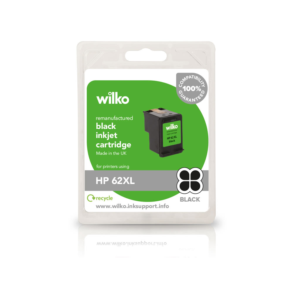 Wilko Remanufactured HP 62XL Black Inkjet Cartridge Enjoy high quality prints with the wilko Remanufactured HP 62XL Inkjet Cartridge Pack. The pack contains 1 x black extra-large capacity cartridge which is compatible with Hewlett Packard 62.  Here's the full list of printers that this cartridge will work with:  Envy e-AIO 5540, 5542, 5544, 5545, 5640, 5642, 5643, 5644, 7640, 7645, Officejet e-AIO 5740, 5741, 5742, 5743, 5744, 5745, 5746, 8040.  Before purchasing, check that this cartridge is compatible with your printer. Don?t forget to recycle your old inkjet cartridge! When you order a new wilko cartridge, we?ll send you a freepost envelope ? pop in your old cartridge and send it off to The Recycling Factory. They?ll make a donation of £1 to wilko?s local charities for every inkjet cartridge successfully recycled. Please see www.therecyclingfactory.com for a full list of recyclable items.  If you need any support when installing your cartridge, we're here to help. Call our dedicated free phone helpline on 0800 091 0083, lines open Monday - Friday 9am-5pm. You can also visit the wilko Ink Support website www.wilko.inksupport.info for more information.