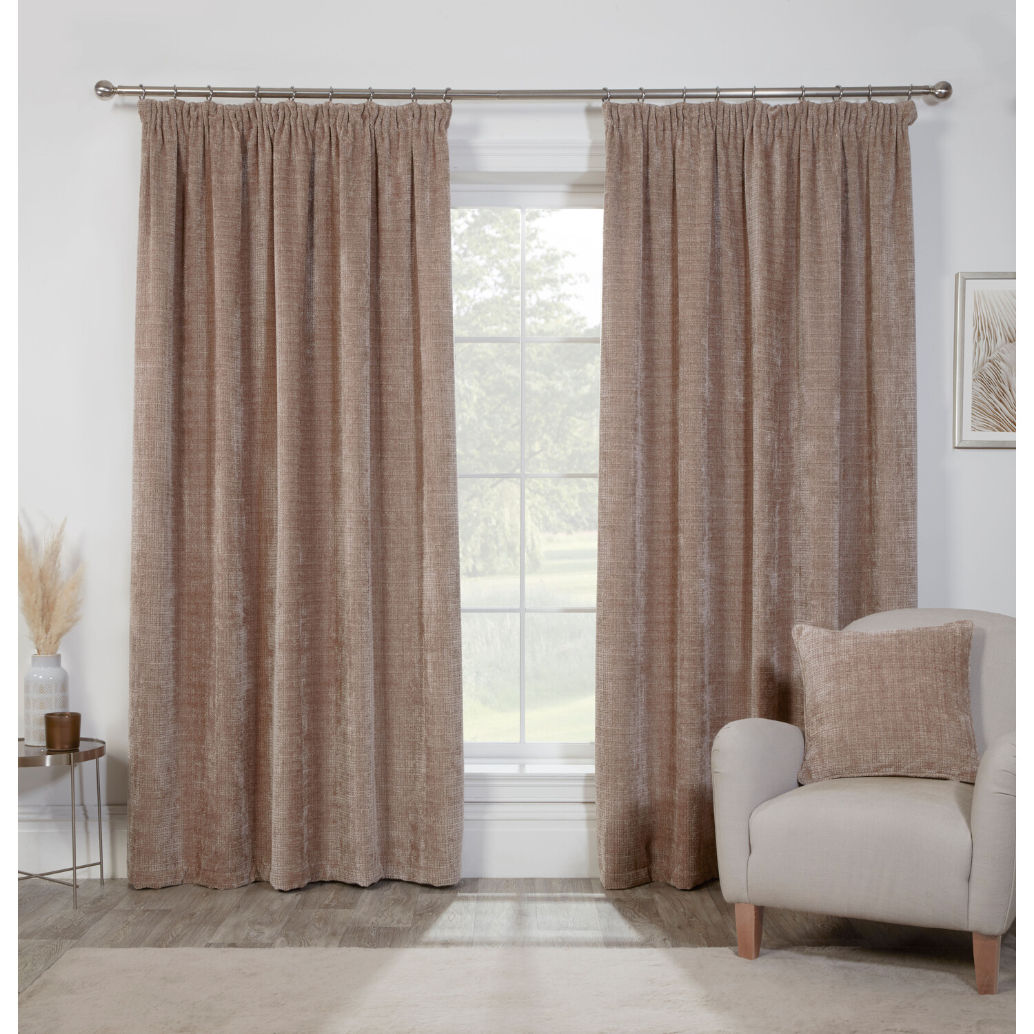 Rennes Chenille Taped Curtains - Mink / 168cm / 183cm Image 1
