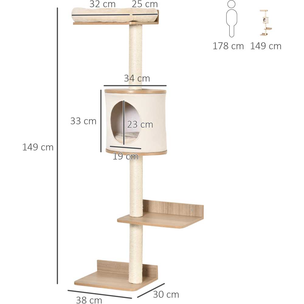 PawHut Wall-Mounted Cat Tree Shelter w/ Cat House, Bed, Scratching Post - Beige Image 9