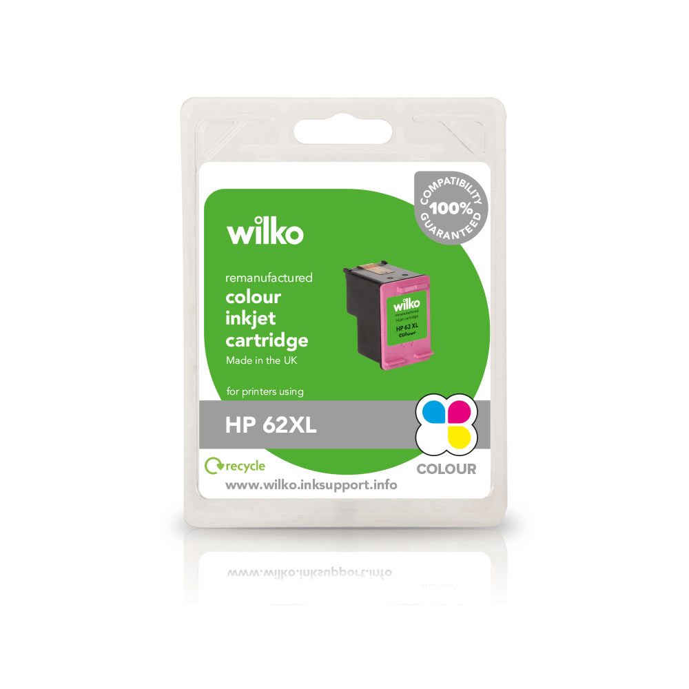 Wilko HP 62XL Colour Inkjet Cartridge Enjoy high quality prints with the wilko Remanufactured HP 62XL Colour Inkjet Cartridge Pack. The pack contains 1 x colour extra-large capacity cartridge which is compatible with Hewlett Packard 62.  Here's the full list of printers that this cartridge will work with: Envy e-AIO 5540, 5542, 5544, 5545, 5640, 5642, 5643, 5644, 7640, 7645, Officejet e-AIO 5740, 5741, 5742, 5743, 5744, 5745, 5746, 8040.  Before purchasing, check that this cartridge is compatible with your printer. Don?t forget to recycle your old inkjet cartridge! When you order a new wilko cartridge, we?ll send you a freepost envelope ? pop in your old cartridge and send it off to The Recycling Factory. They?ll make a donation of £1 to wilko?s local charities for every inkjet cartridge successfully recycled. Please see www.therecyclingfactory.com for a full list of recyclable items. If you need any support when installing your cartridge, we're here to help. Call our dedicated free phone helpline on 0800 091 0083, lines open Monday - Friday 9am-5pm. You can also visit the wilko Ink Support website www.wilko.inksupport.info for more information.