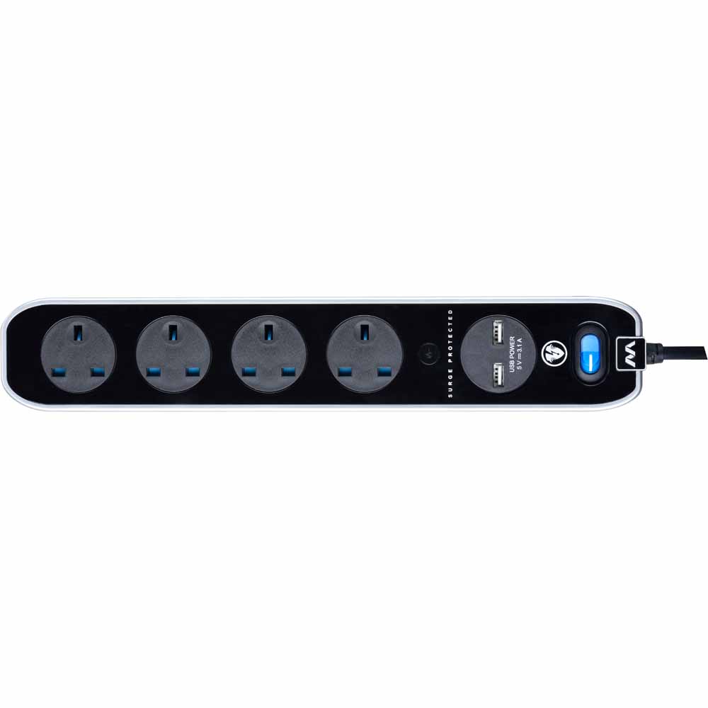 Masterplug 2m 4 Gang Black Switched Surge USB Extension Lead Image 2