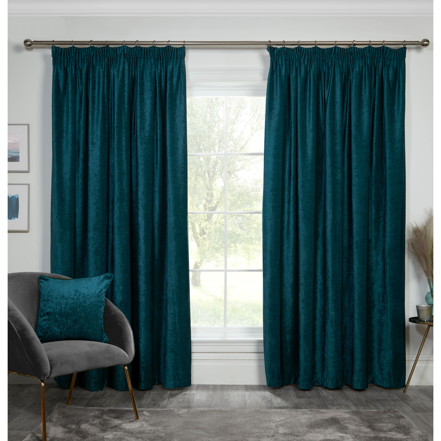 Divante Teal Chenille Taped Curtains 168 x 137cm Image 1