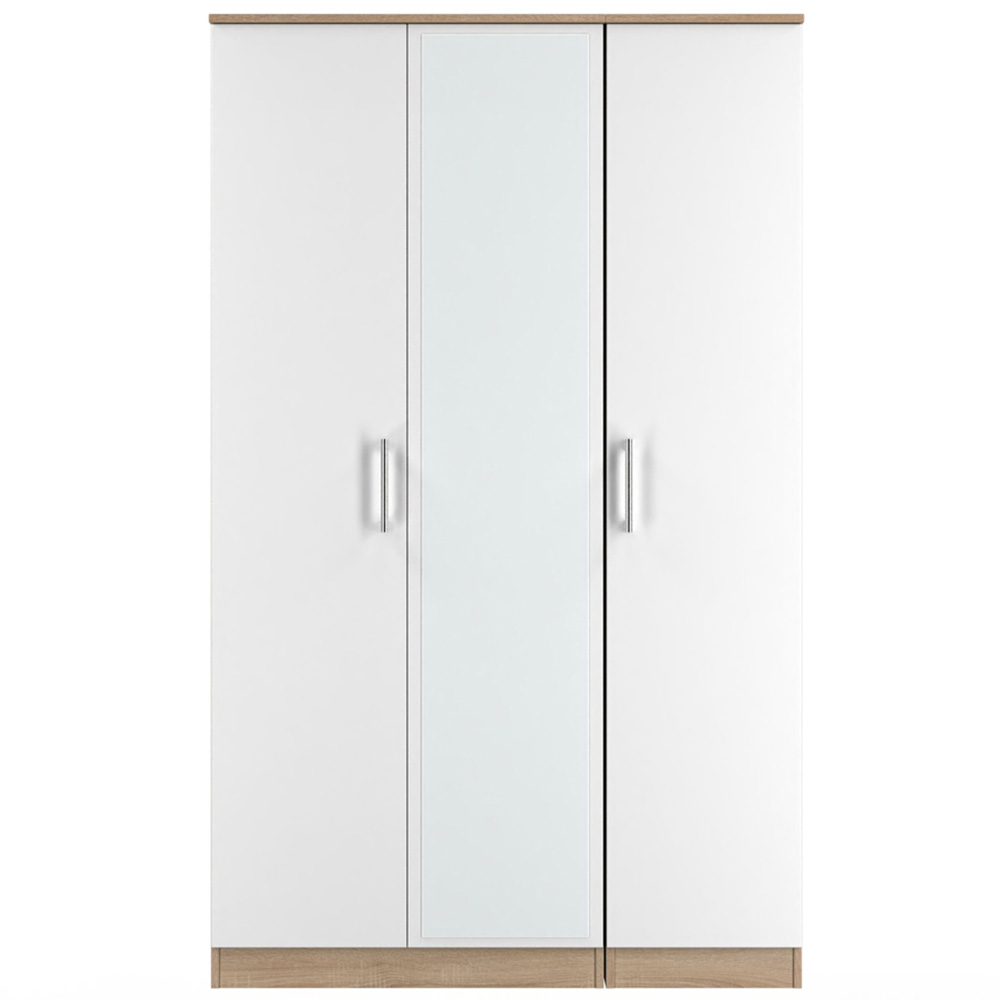 Crowndale Devon 3 Door Matt White and Bardolino Oak Mirrored Wardrobe Ready Assembled Image 2