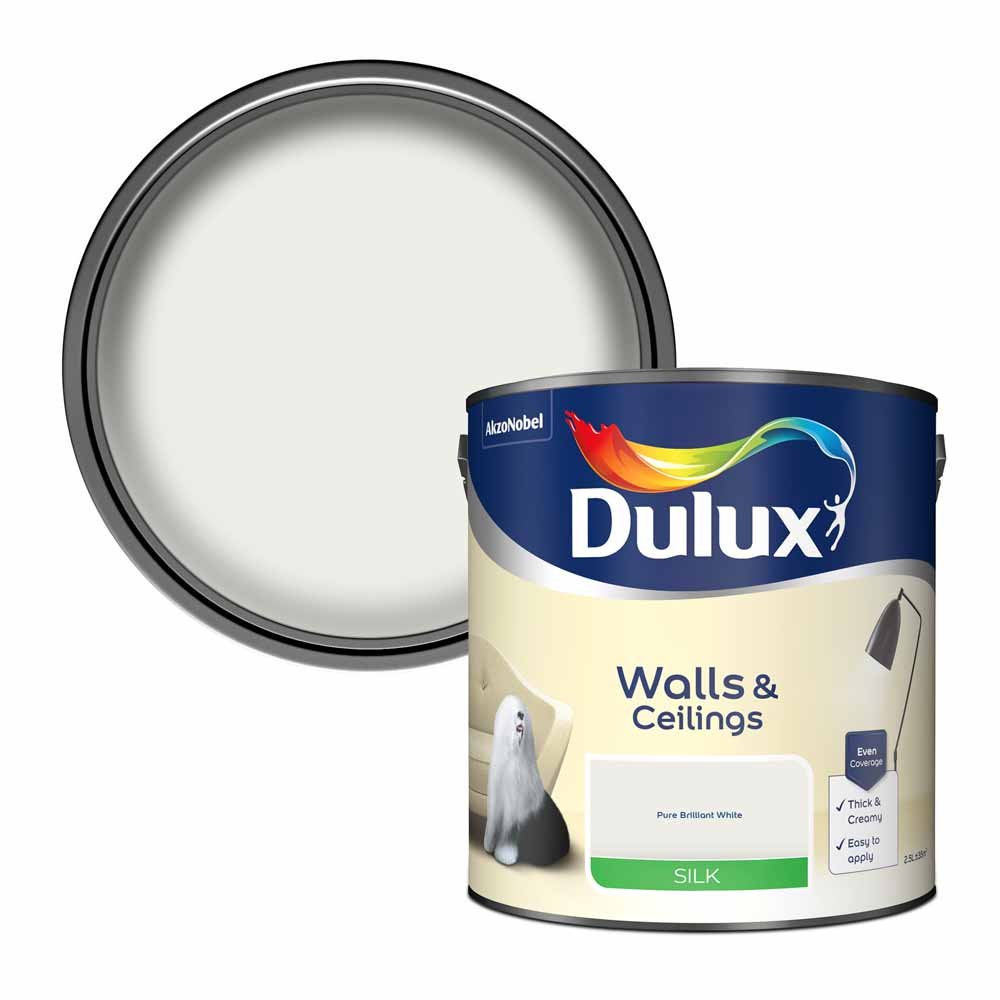 Dulux Walls & Ceilings Pure Brilliant White Silk Emulsion Paint 2.5L Image 1