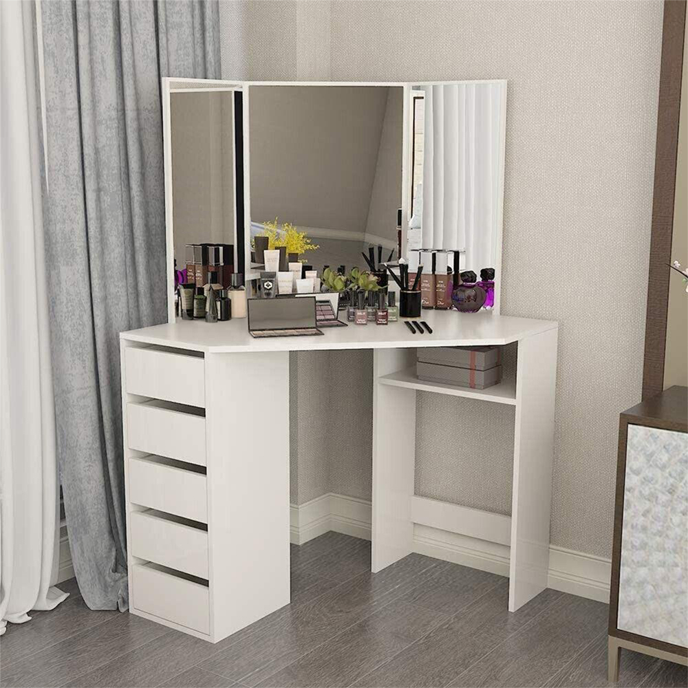 Portland 5 Drawer White Corner Dressing Table Set with Mirror Image 5